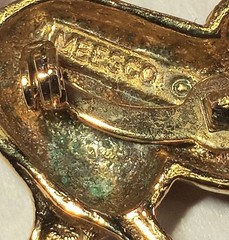 Vtg Signed MEESCO Brooch Rudolph Reindeer Rhinestone Enamel Christmas Gold Tone