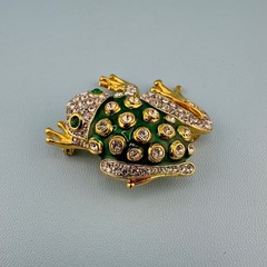 Vintage Rhinestone Green Enamel Frog Brooch Shiny Gold Tone Leap Jump Figural