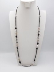 J128-VINTAGE NECKLACE~GUN METAL CHAIN/BLACK/GREY BEADS~AVON~36″-39″
