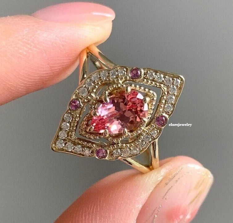 Pear Cut Tourmaline Cocktail Ring 2.85Ct Created Diamonds 14K Yellow Gold Finish