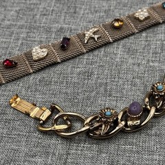 Lot of 2 Vintage Victorian Revival 8 Panel & Mesh Charm Bracelet Estate Jewelry
