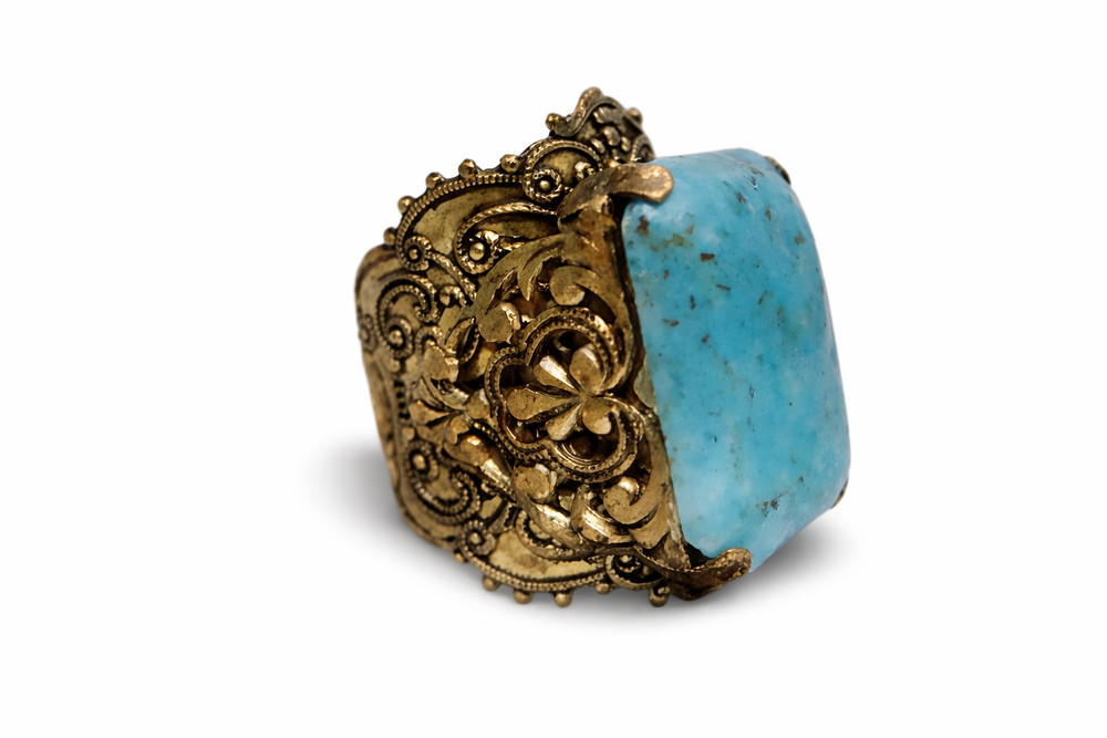 Vintage Large Statement Ring Brass Filigree Setting Blue Peking Glass Adjustable