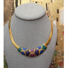 Vintage Enamel Jewel Tone Collar Necklace Womens Gold Tone Herringbone 16″