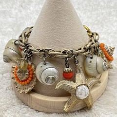 Vintage Chunky Charm Bracelet Sea Shell Bead Starfish Signed Germany 7″