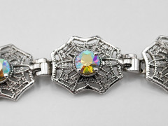 Vintage Style Aurora Borealis Rhinestone Filigree Necklace Silver Tone AB Crysta