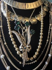1980’s Chic Runway Statement Gold Tone 6pc Necklace Lot Green rhinestone Chunky