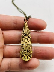 Vintage Gothic Green Colorful Rhinestone Filigree Cutout Bronze Tone Necklace