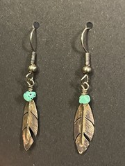 VINTAGE 925 STERLING SILVER HW TURQUOISE FEATHER DANGLE EARRINGS 1 5/8”