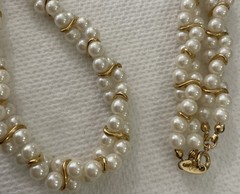 Vintage Trifari 1980s? Braided Faux Pearl Necklace Gold Tone Trim Excellent 28”