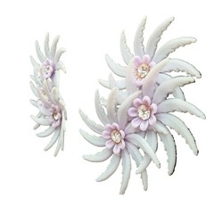 1950s Lavender Plastic Triple Floral Ear Climber Clip Earrings with Rhinestones