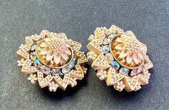 Vintage Cream Color Celluloid Intricate Flower Crystal Rhinestone Clip Earrings