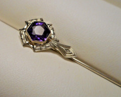 Antique Signed Belais Art Deco 18K White Gold Filigree & Amethyst Stickpin