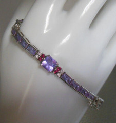 Purple Glass & Pink Topaz Sterling Silver Tennis Bracelet Marked R 7.5″ Long
