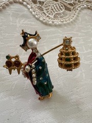 ART Arthur Pepper Asian Figural Brooch • Bird Cage • Enamel • Pearl Face