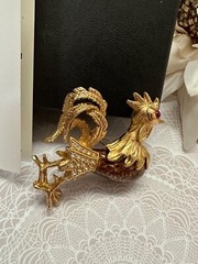 Vintage Erwin Pearl Morning Glory Rooster Chicken Pin Brooch Brown Enamel