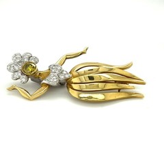 18k Two-Tone Gold Vintage Hula Dancer Brooch w/ Irradiated Diamond