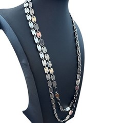 Vintage Flat Disc Necklace Extra Long Chain Link 56 in Silver Tone Metal Layered