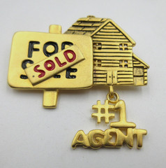 VTG SIGNED TONA FOR SALE HOUSE #1 AGENT CHARM red black gold tone Brooch Pin