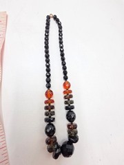 Vintage Czech Black Faceted Glass Bead Necklace Clear Crystal Accents 17″