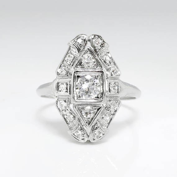 1.54CT Old European Cut Lab Created Diamond 14K Gold Over Art Deco Vintage Ring