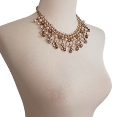 Y2K Bib Fringe Necklace Egyptian Revival Faux Pearl Gold Tone Victorian Vintage