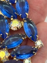 Vintage Blue Navette and Clear Prong-Set Rhinestone Brooch Open Back, Not Signed