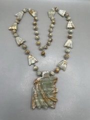 Vintage READ! Mexican Multicolor Onyx? Aztec Carved Pendant Beaded 29” Necklace