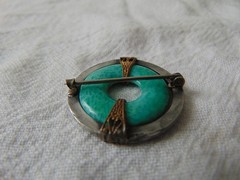 vintage antique faux Jade glass ring gray crystals silver gold setting brooch