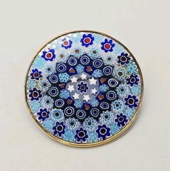 Millefiori Glass Brooch Pin Silver Venetian Murano Italy Vintage Blue 1.5 in