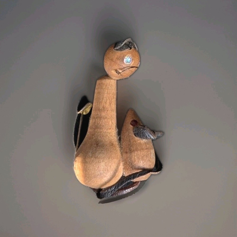 Vintage MCM Wood & Leather Cat & Mouse Pin Brooch