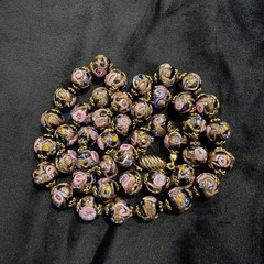 Vintage Knotted Wedding Cake Glass Bead Necklace Pink Black Gold Sparkle 23 Inch
