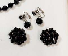 Vtg Black Crystal Glass Beads 2 Pr Earrings Bracelet & Necklace Goth Victorian