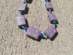 Vintage Polymer Clay Necklace 18in Blue Pink Purple Rectangle Beaded