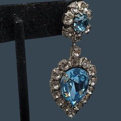 Vintage Art Deco Baby Blue Clear Rhinestone Teardrop Dangle Post Earrings
