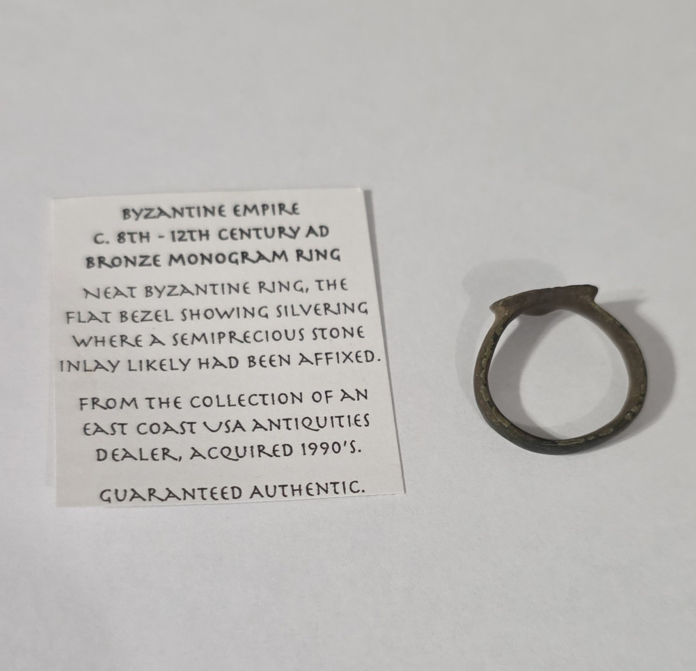 Ancient Byzantine Bronze Monogram Ring 8th-12th Century AD Artifact Jewelry COA