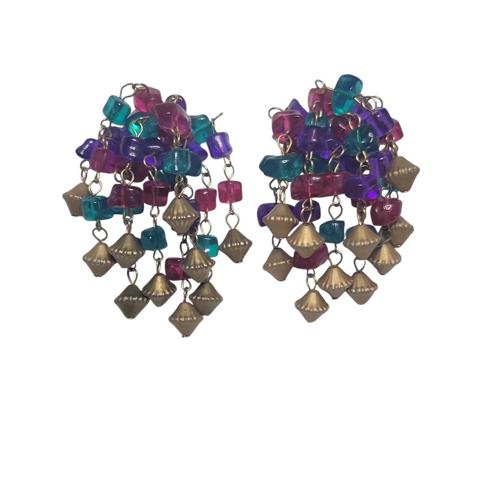 Vintage Colorful Acrylic Bead Waterfall Clip On Earrings 80s 90s Statement