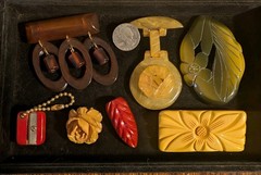 7 Vintage Bakelite Large Carved Pins, etc. Great colors, hand carved!