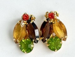 VTG Juliana Multicolor Autumn Marquise Rhinestone Leaf Brooch & Clip-On Earrings