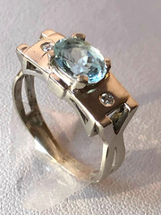 VINTAGE 14K WHITE GOLD AQUAMARINE DIAMOND RING MODERNIST DESIGNER SETTING ITALY