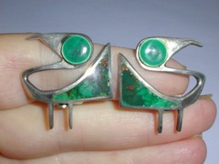 RARE-GRAZIELA LAFFI PERU STERLING ABSTRACT BIRD GREEN ENAMEL CLIP-ON EARRINGS!