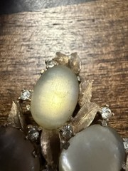 Vintage Joseph Mazer Jomaz Golden Ridged Moonstone Cabochon & Rhinestone Brooch