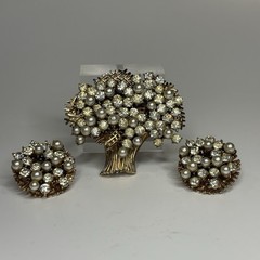 Vtg Francois Coro Rhinestone Pearl Tree Demi Parure Brooch Screw Back Earrings