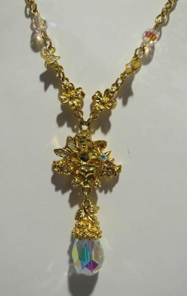 Vintage KIRKS FOLLY Fairy Angel drop Aurora Borealis Crystal necklace Butterfly