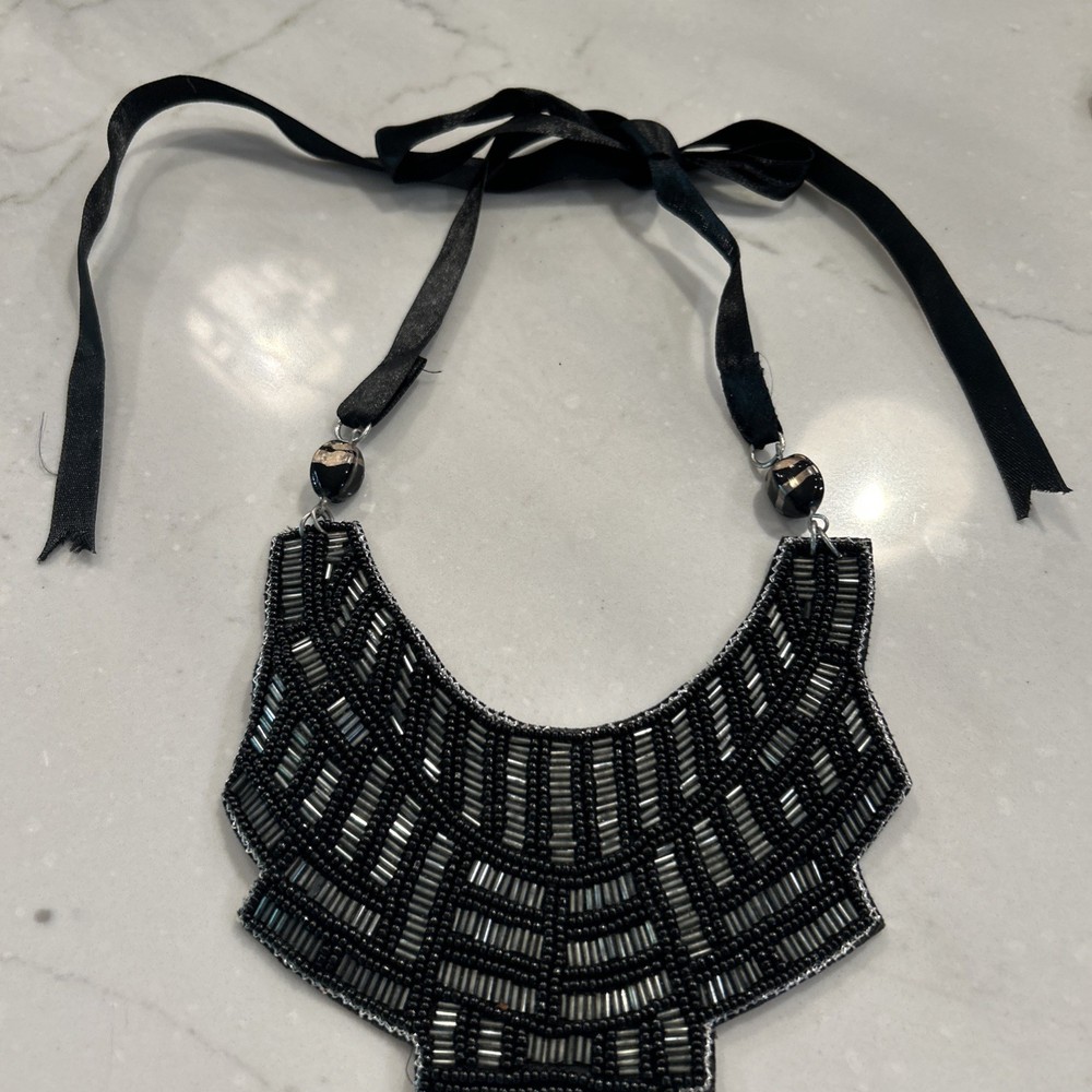 Vintage Beaded Collar Choker Necklace Black Ribbon Retro