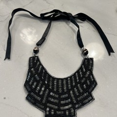 Vintage Beaded Collar Choker Necklace Black Ribbon Retro