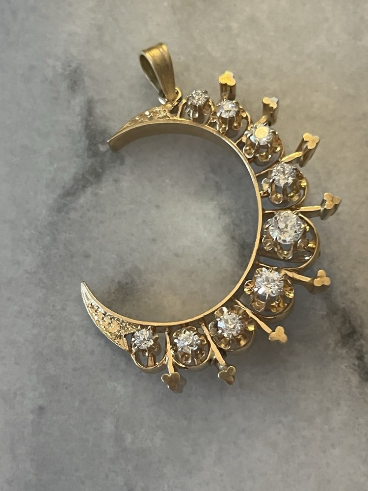 Spectacular Antique 14k Yellow Gold Diamond Crescent Moon Pendant 1920s