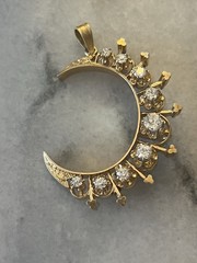 Spectacular Antique 14k Yellow Gold Diamond Crescent Moon Pendant 1920s