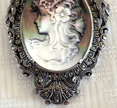 Antique German Art Deco 925 Sterling Silver Marcasite Cameo Brooch Pendant 33.2g