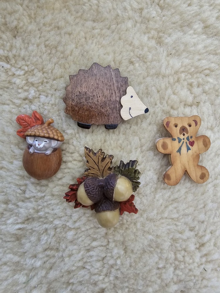 Vintage 80s 90s Cottagecore Wooden Brooch Lot Whimsical Forest Animals Fairycore