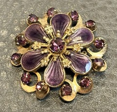Vintage Faux Amethyst Guilloche Enamel Rhinestone FLOWER Shaped Pin Brooch